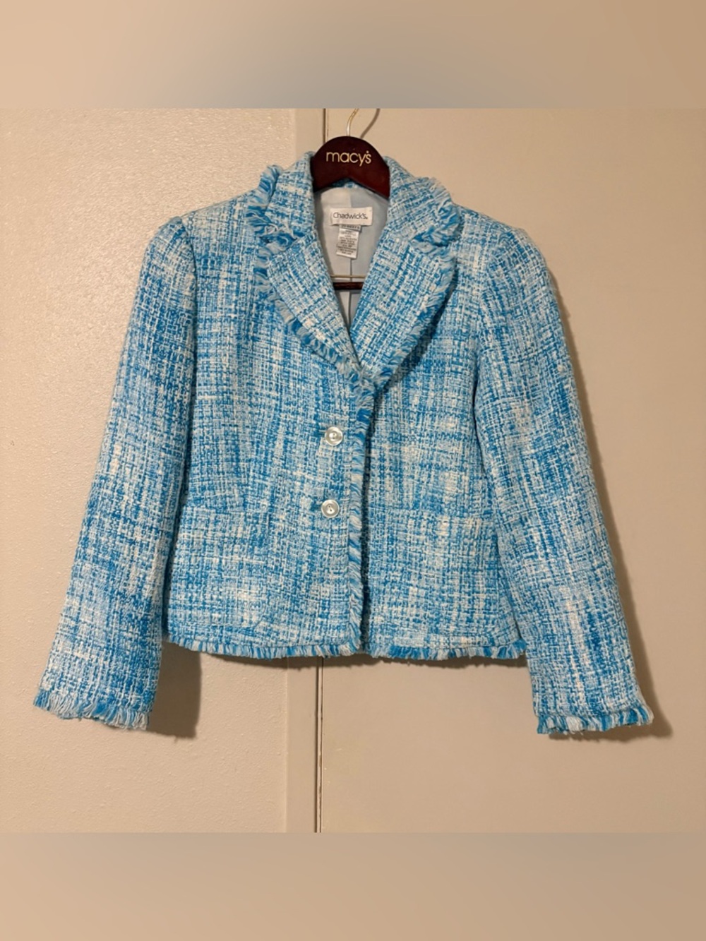 Chadwicks Blue & White 100% Acrylic Lining Tweed Fridge Button Up Jacket Size 8P